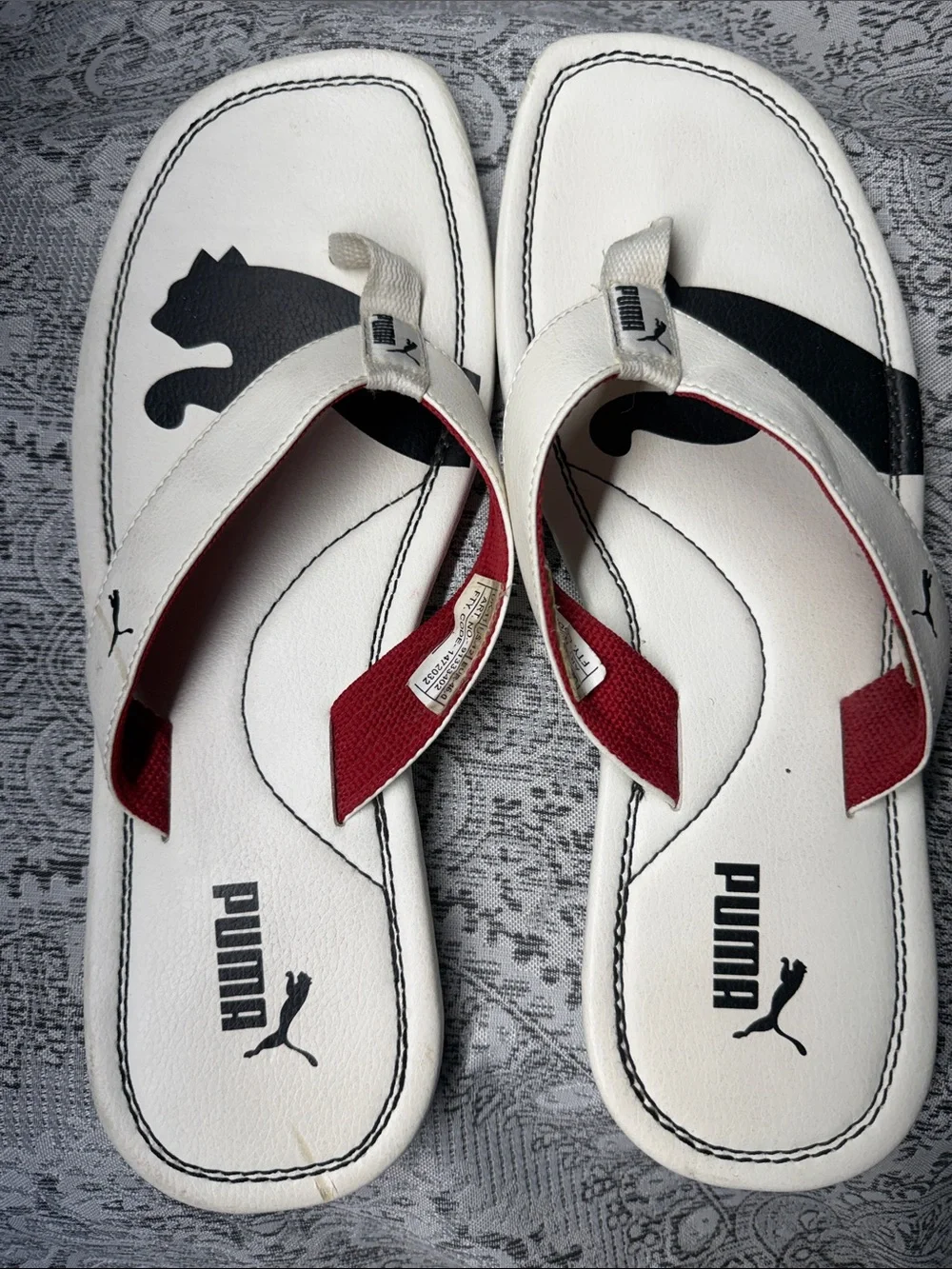 Puma White Flip Flops with Black Puma Print and Red Strap Accents - Size 12